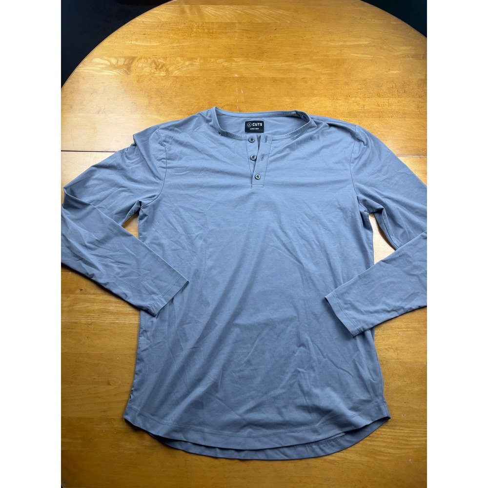 Cuts Curve-Hem Henley Long Sleeve Shirt Mens XL Grey Blue Three Button Placket